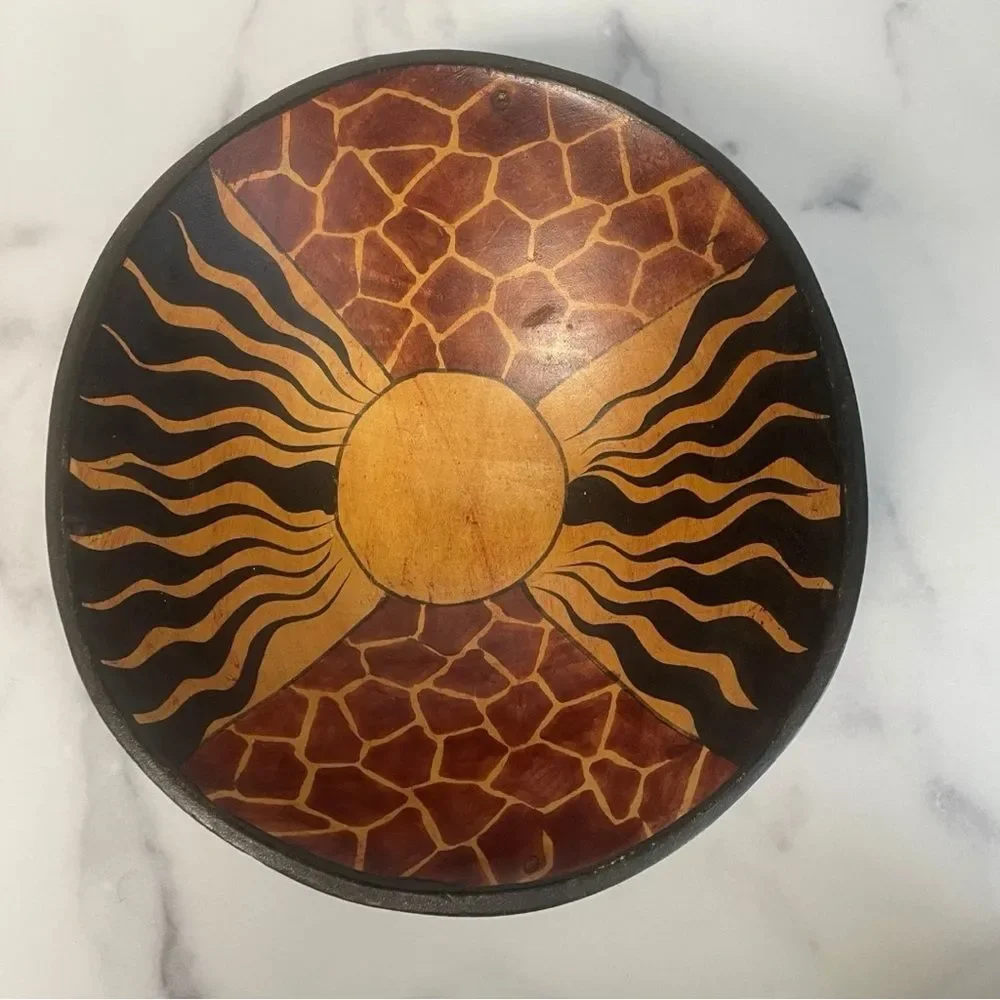 Hand Carved Wooden Bowl with Sunburst Design